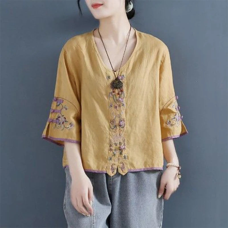 Summer Ethnic Style Cotton Linen Embroidery Vintage Frog Shirt Female Half Sleeve Loose Casual Fashion All-match Cardigan Blouse