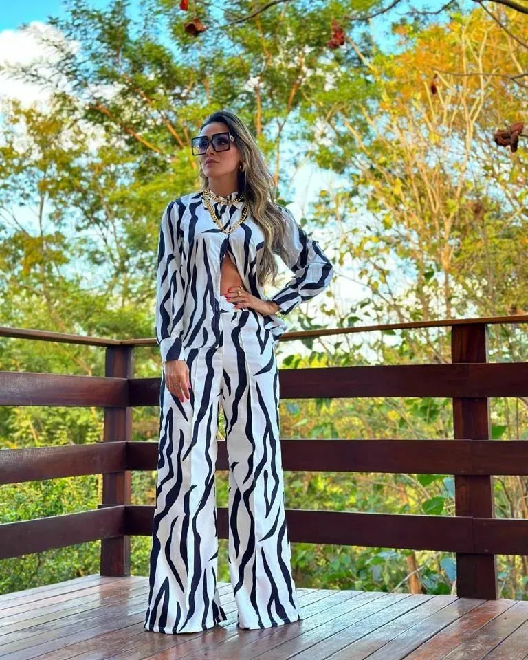 2023 Women's Casual Daily Shirt Set Floral Fashion Printed Shirt Spring Autumn Wide Leg Pants Women's Office Two-piece Set