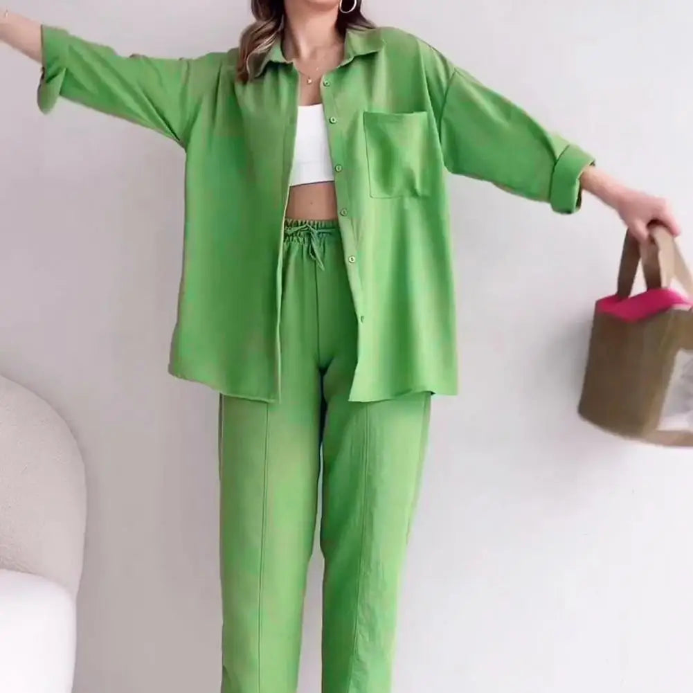 Solid Color Two-piece Outfit Stylish Women's Shirt Pants Set with Lapel Collar Chest Pocket Casual Outfit with for Everyday