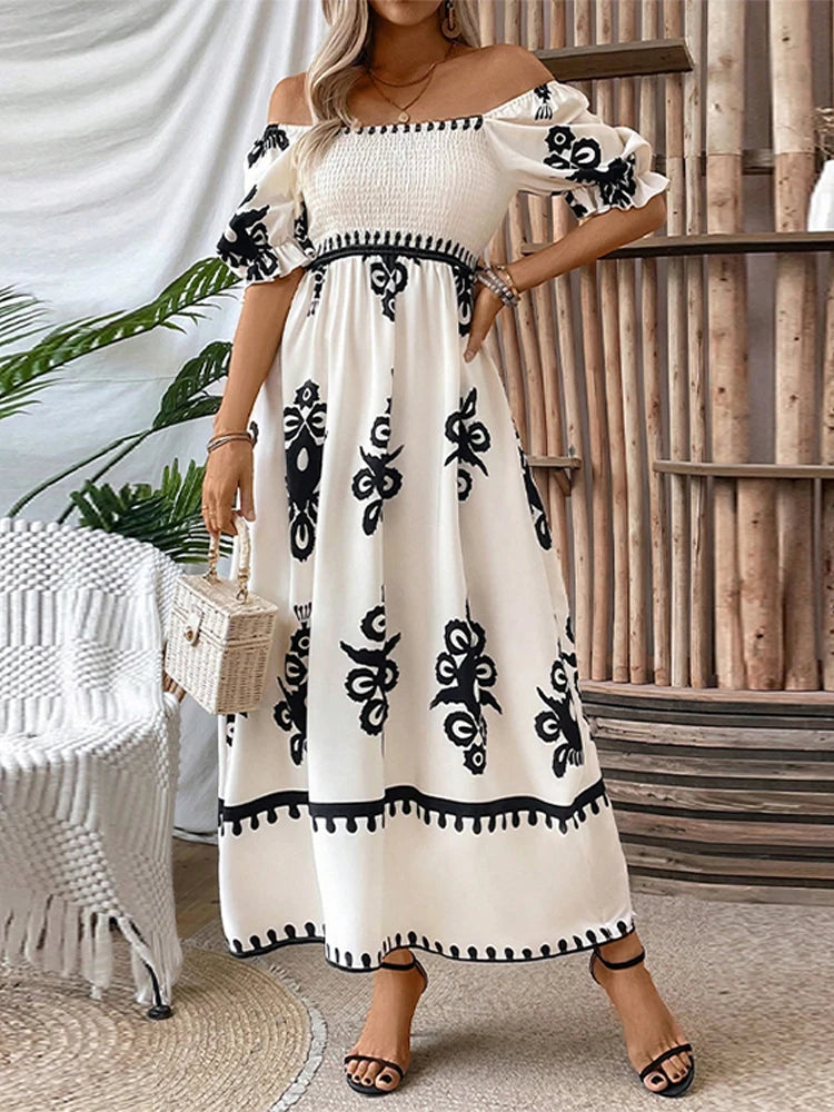 Printed Off Shoulder Dresses Stylish Casual Simple Square Collar Waist Cinching Slimming Beach Holiday Chic Maxi Wrap Dress New
