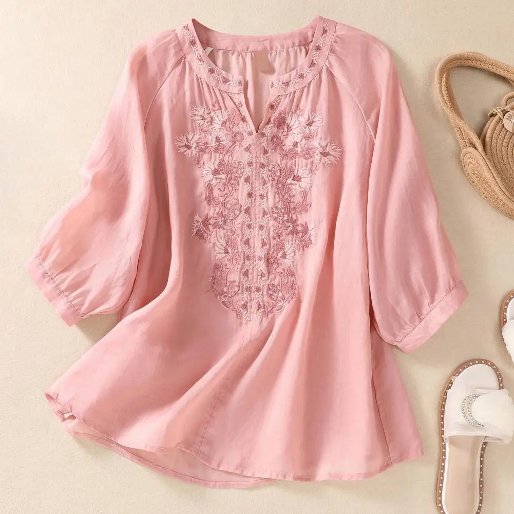 Cotton Linen Flower Embroidery Shirt Women Three Quarter Sleeves V Neck Casual Blouse Loose Solid Color Mother Blouse Women Top