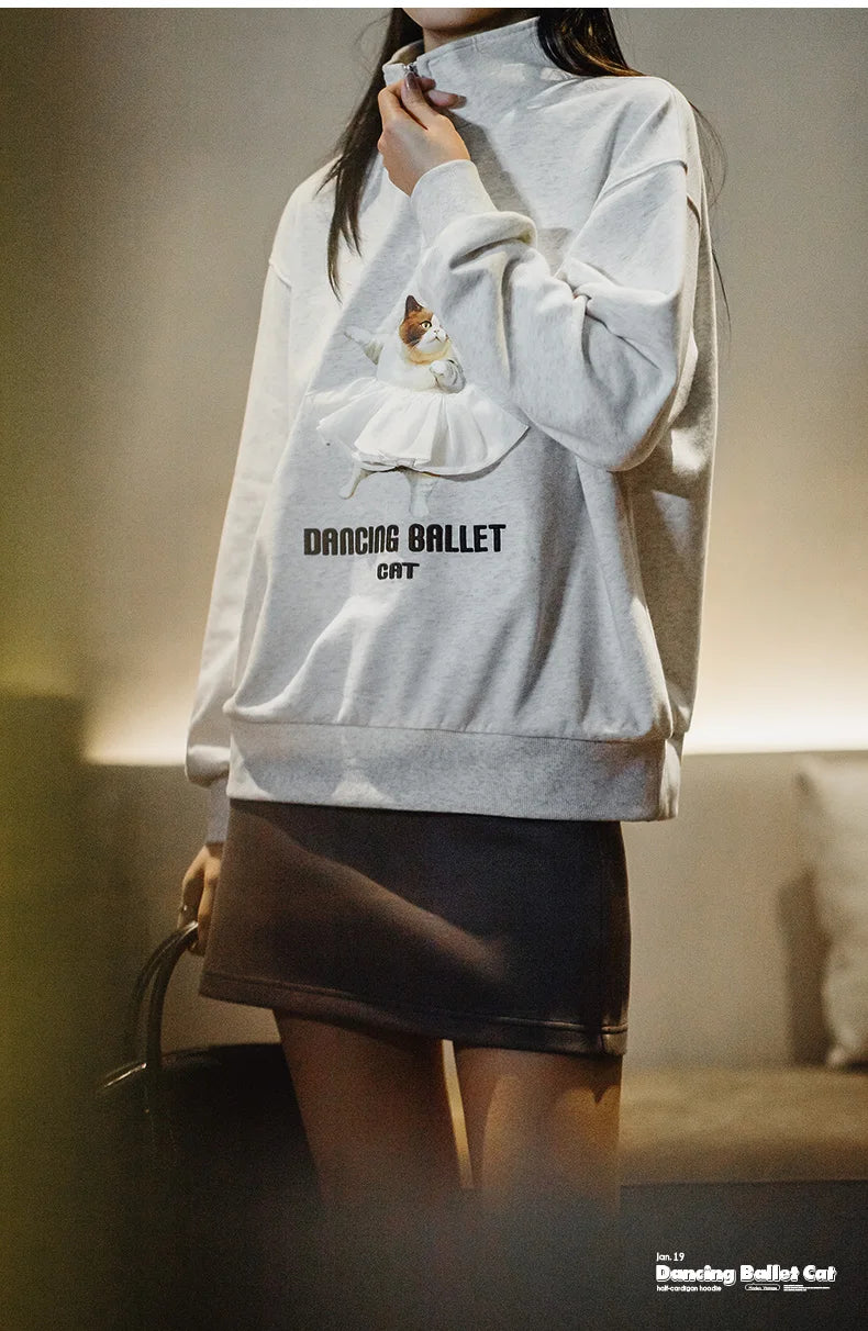 Maden Printed Ballet Cat Sweatshirts for Women Stand Collar Casual Sweater Gray Long Sleeve Pullover Autumn Gray Sweaters Top