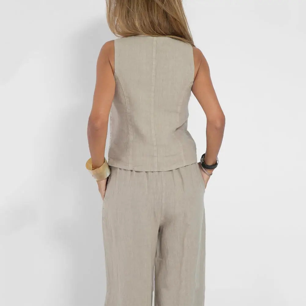 2 Piece Suit for Women Autumn Winter Suit Set Stylish Women's Cotton Linen Suit Sleeveless Vest Wide Leg Pants Set for Office