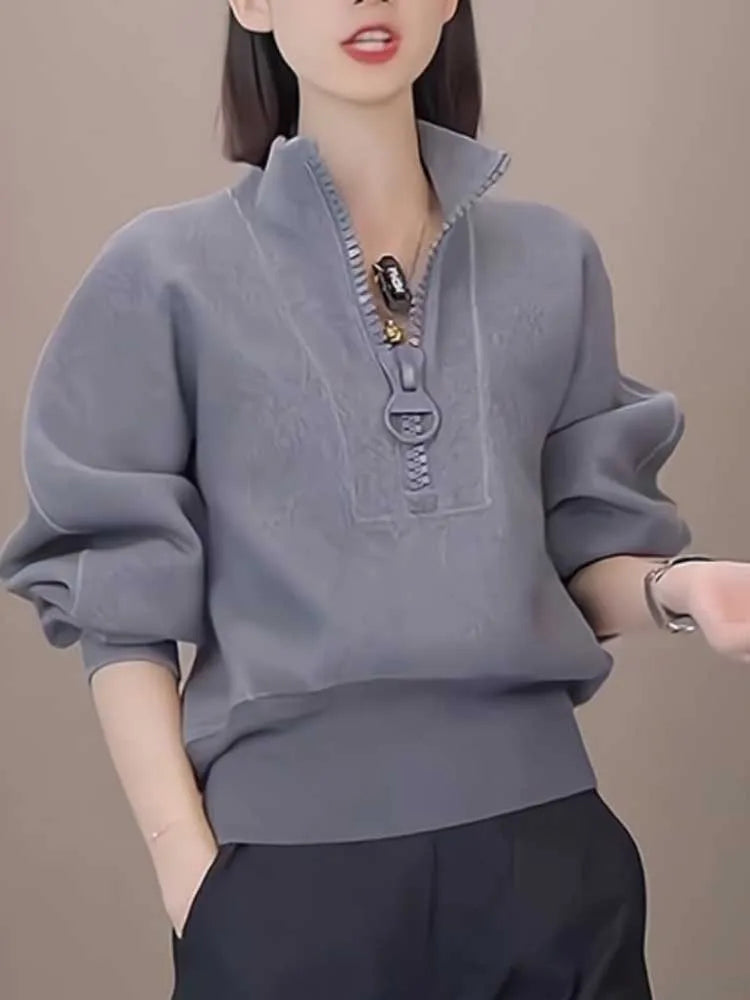 Fashion Stand Collar Zipper Solid Color Sweatshirts Women's Clothing 2023 Autumn Winter Loose Casual Tops Commuter Sweatshirts
