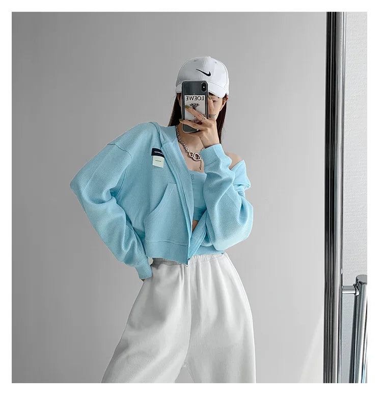 Harajuku Women Sweatshirts Korean Fashion Sportswear Female Zip Up Hoodies Vintage Streetwear Basic Casual Cropped Top Autumn