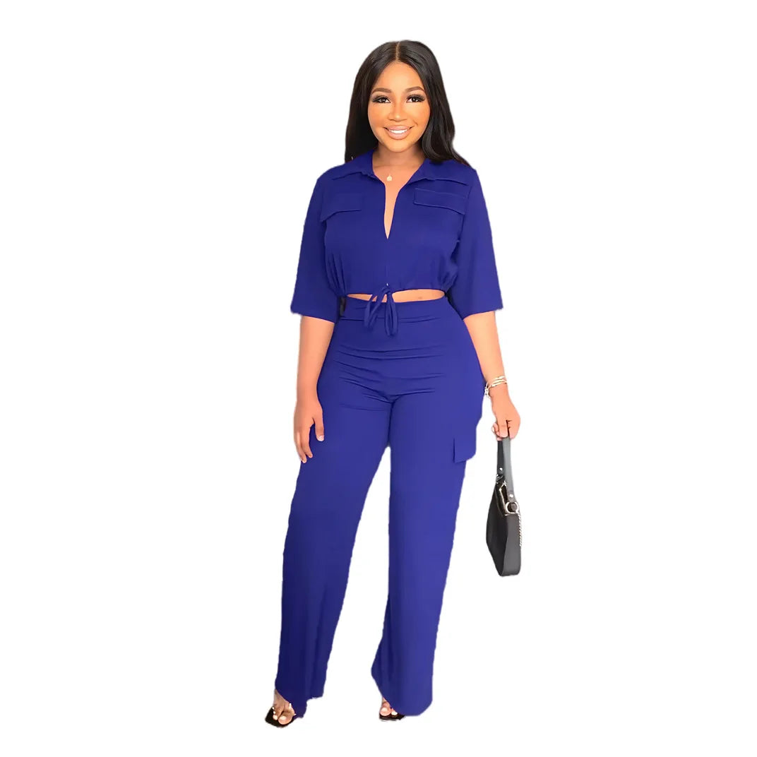 Elegant Women's Set Casual Drawstring Half Sleeve Short Blouse High Waist Straight Wide Leg Pant Suit Tracksuit Two Piece Outfit