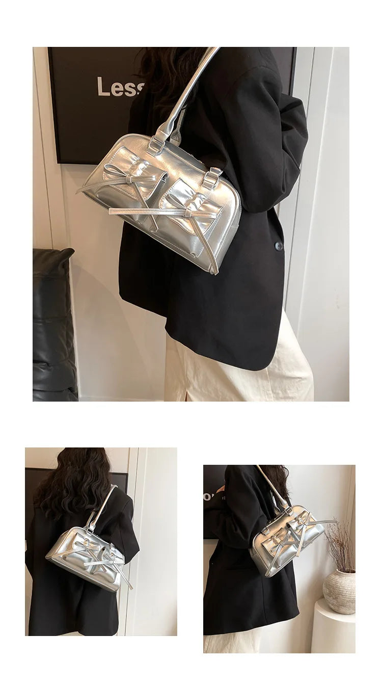 Xiuya Silver Pleated Womens Shoulder Bag Elegant Gentle Korean Fashion Leather Handbag Bow Sweet New Simple Ladies Boston Bag