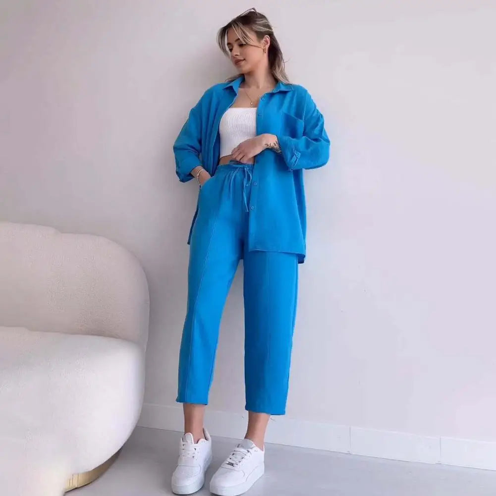 Solid Color Two-piece Outfit Stylish Women's Shirt Pants Set with Lapel Collar Chest Pocket Casual Outfit with for Everyday