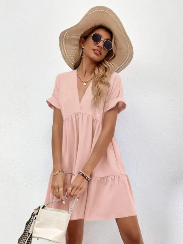 Women's Short Dress 2024 New Summer Style Fresh And Sweet V-neck Solid Color Large Swing Elegant Casual Short Dress