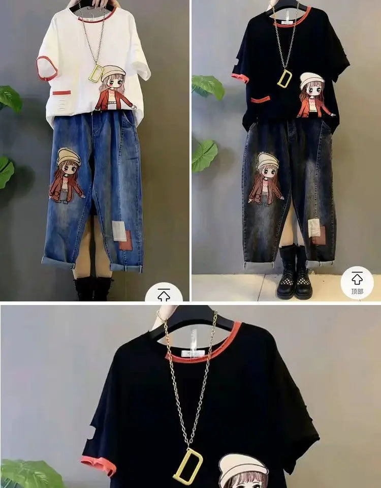 Age Reduction Suit Women's 2023 New Spring and Summer Slim Short Sleeve Top Casual Jeans Elegant Women's Two-piece Set