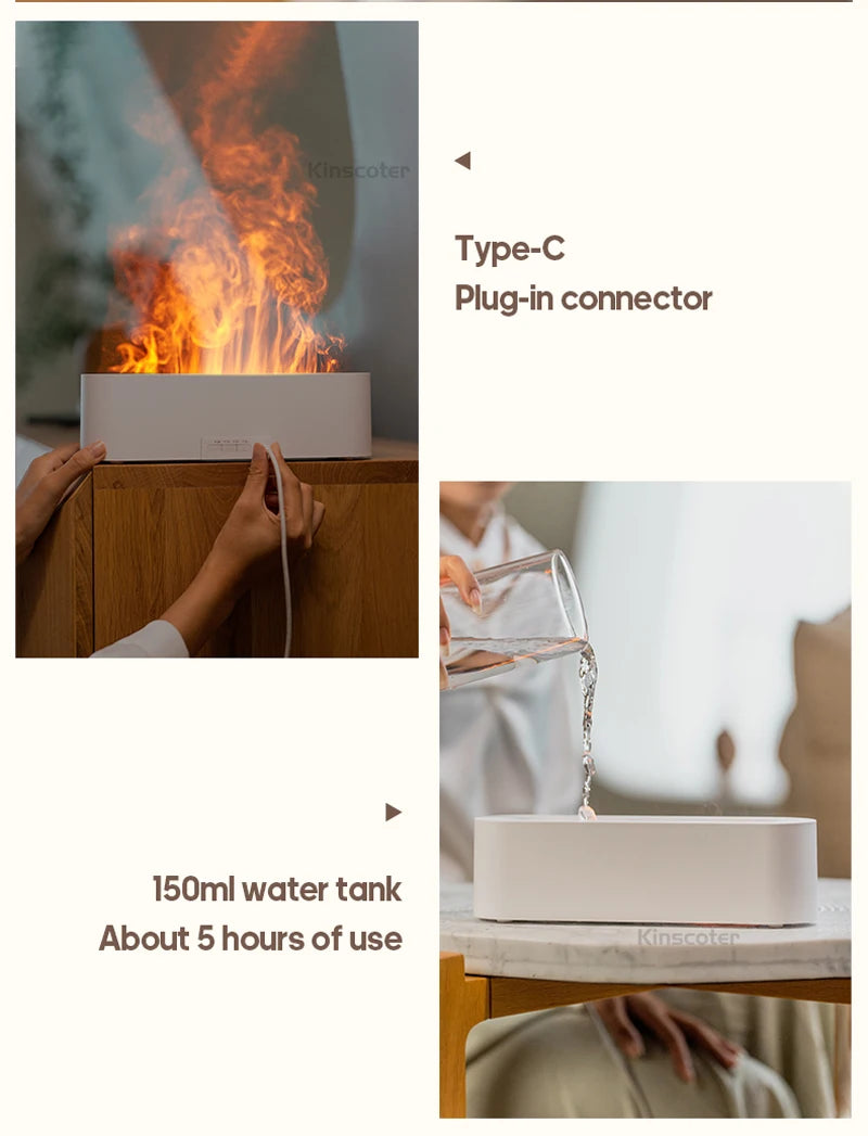 KINSCOTER Essential Oil Aroma Diffuser Flame Air Humidifier Ultrasonic Cool Mist Difusor with RGB Realistic Fire Night Light