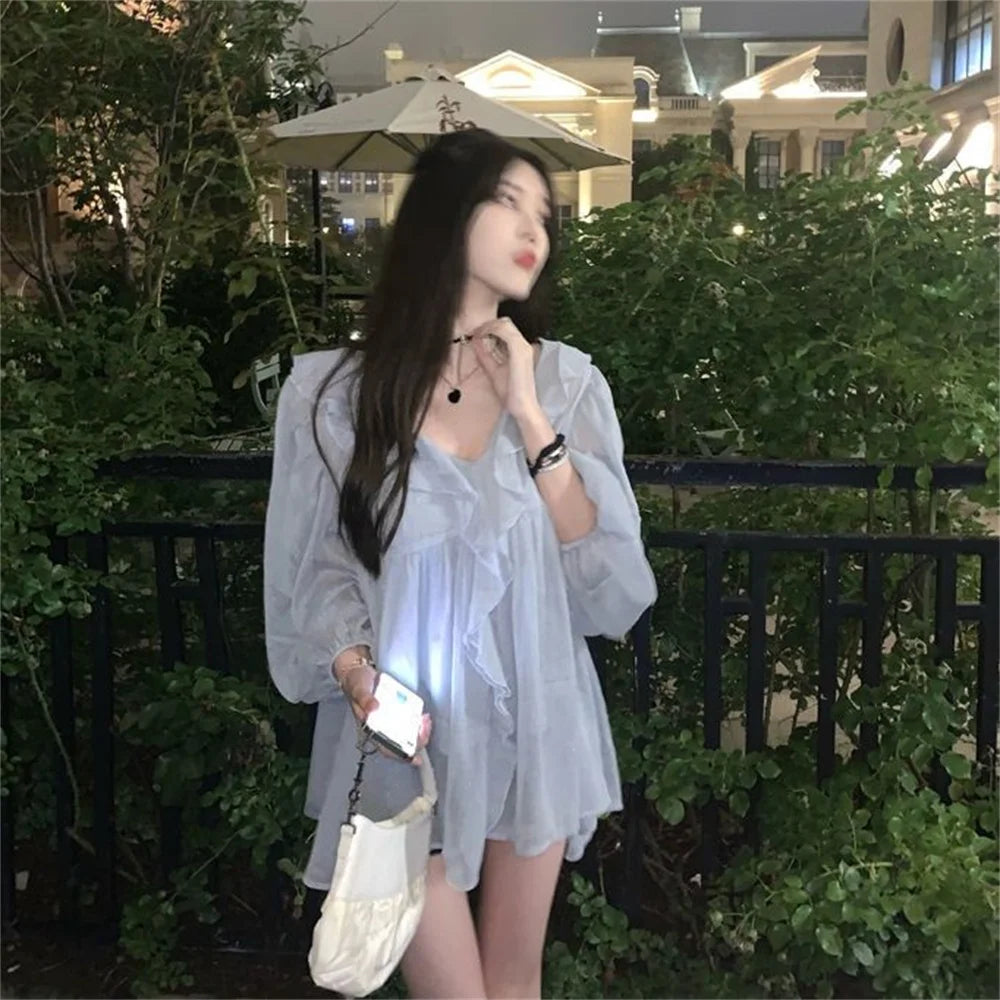 Blouse Women Elegant Ruffles Casual Solid New Chiffon Fashion Two-piece Daily Design Popular Basic Soft Tops Sweet Lady Shirts