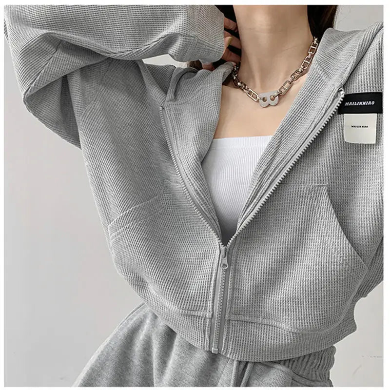 Harajuku Women Sweatshirts Korean Fashion Sportswear Female Zip Up Hoodies Vintage Streetwear Basic Casual Cropped Top Autumn
