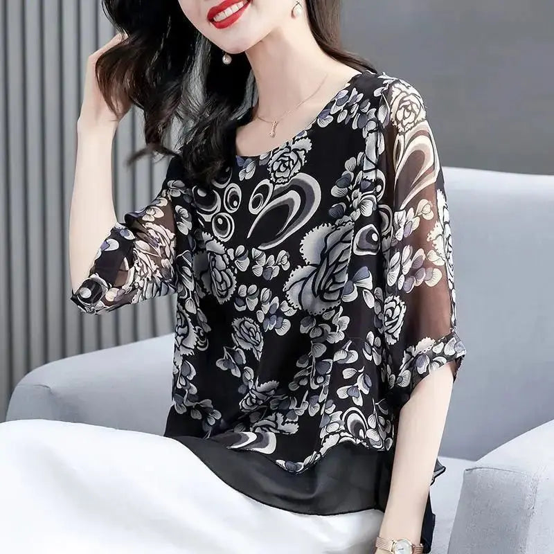 Summer Elegant Fashion Printing Oversized Chiffon Shirts Femme Harajuku Sleeve Pullover Tops Women Loose Casual All-match Blouse