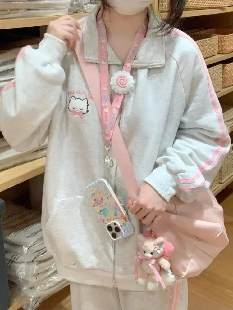 HOUZHOU Japanese Fashion Kawaii Zipper Hoodie Women Harajuku Cute Pink Cat Embroidery Oversized Hooded Sweatshirt Winter 2023