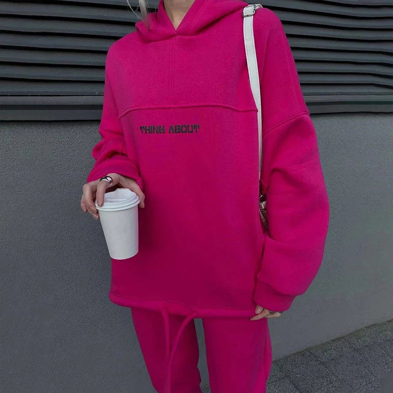 2024 New Women's Casual Fashion Print Suit Solid Color Thickened Warm Hooded Top Elastic Sports Pants Female's Two Piece Set