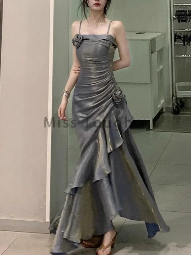Red Rose Vintage Long Dress Women 2024 Summer Slim Mermaid Spaghetti Strap Floral Dress Female Elegant Sexy Evening Party Dress