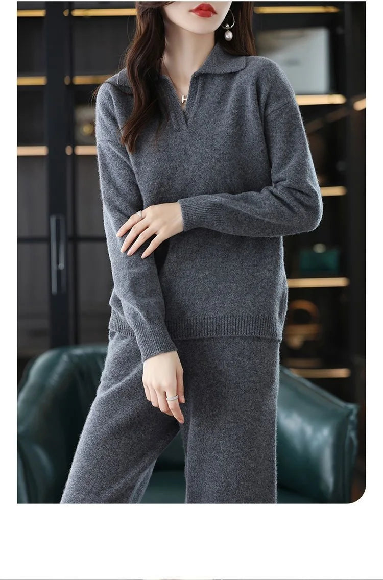 Knitted Suit Women's 2024 New Fashion Autumn Winter Long-sleeved Lapel Sweater+Wide leg pants Female Loose Casual Two-piece Sets