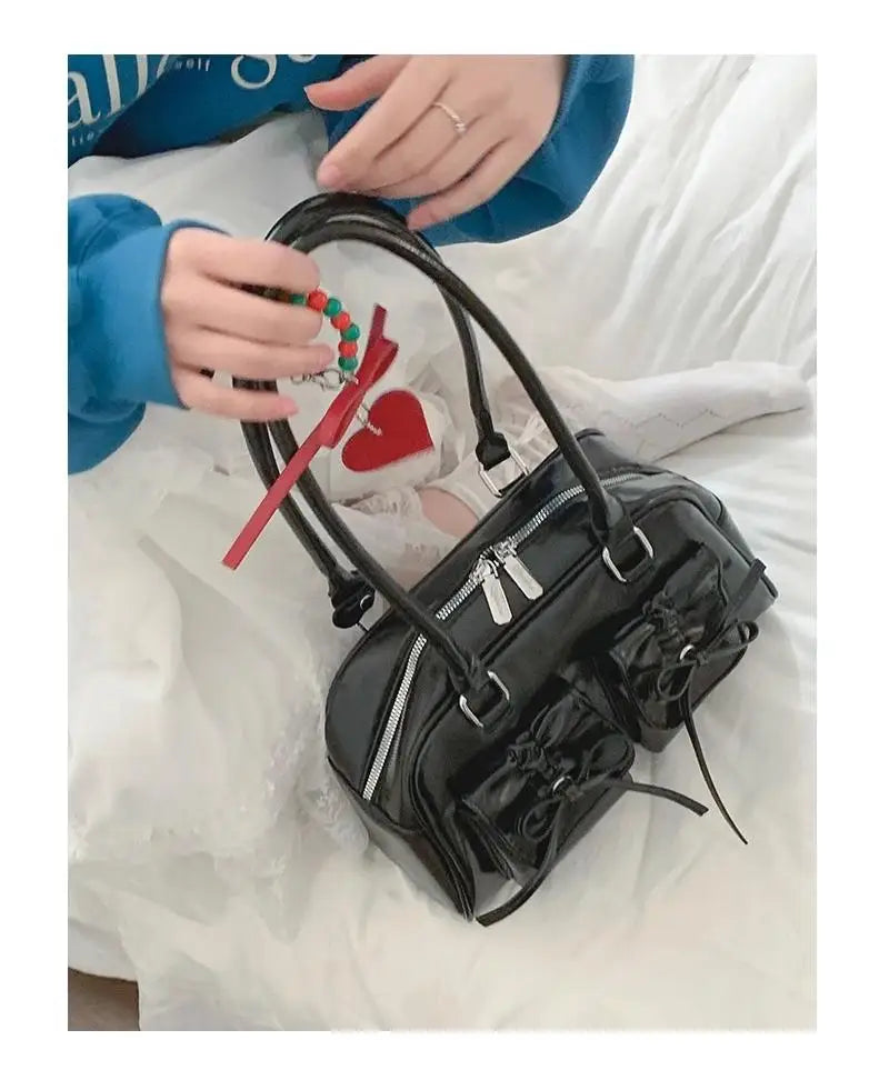 Xiuya Silver Pleated Womens Shoulder Bag Elegant Gentle Korean Fashion Leather Handbag Bow Sweet New Simple Ladies Boston Bag