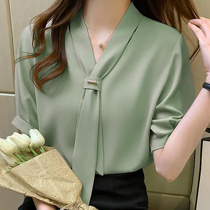 VONDA 2024 Summer Women Tops Fashion Casual Short Sleeve Chiffon Blouse Tie Shirts Loose Solid Color Tunic Blusas Femininas