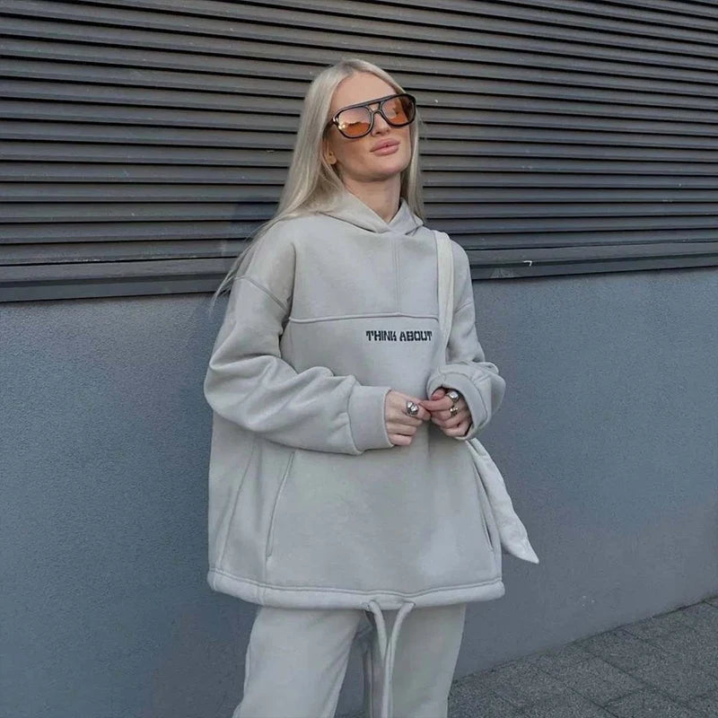 2024 New Women's Casual Fashion Print Suit Solid Color Thickened Warm Hooded Top Elastic Sports Pants Female's Two Piece Set
