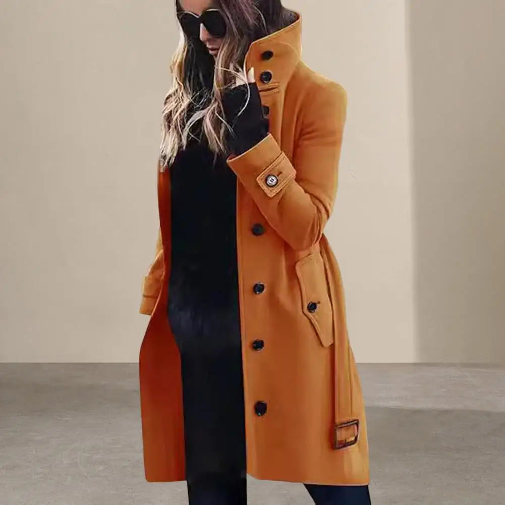 Women Woolen Coat Loose Fit Wool Jacket Stylish Plus Size Woolen Coat with High Collar Belt for Women Long Sleeve for Dating