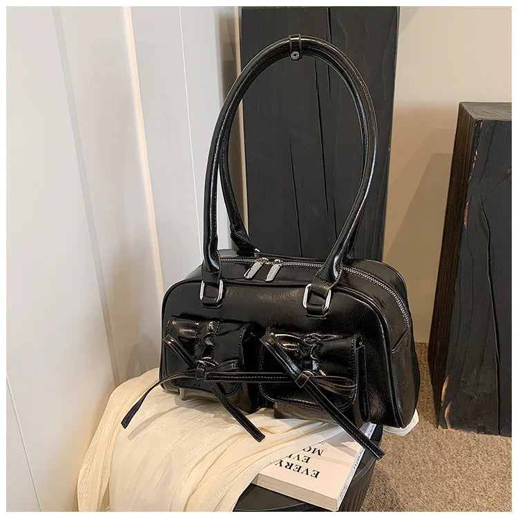 Xiuya Silver Pleated Womens Shoulder Bag Elegant Gentle Korean Fashion Leather Handbag Bow Sweet New Simple Ladies Boston Bag