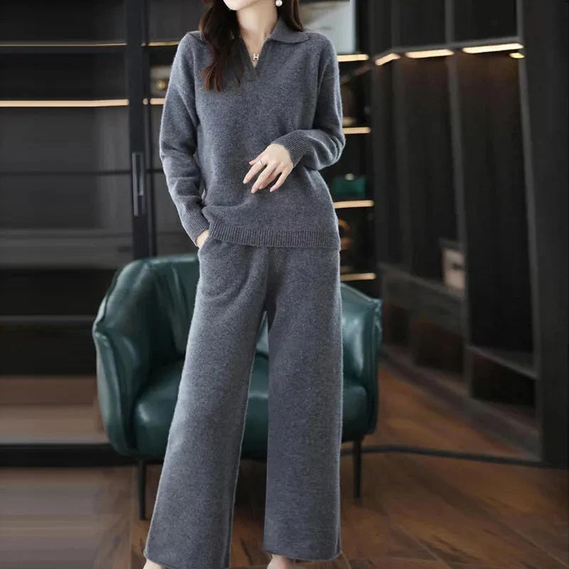 Knitted Suit Women's 2024 New Fashion Autumn Winter Long-sleeved Lapel Sweater+Wide leg pants Female Loose Casual Two-piece Sets