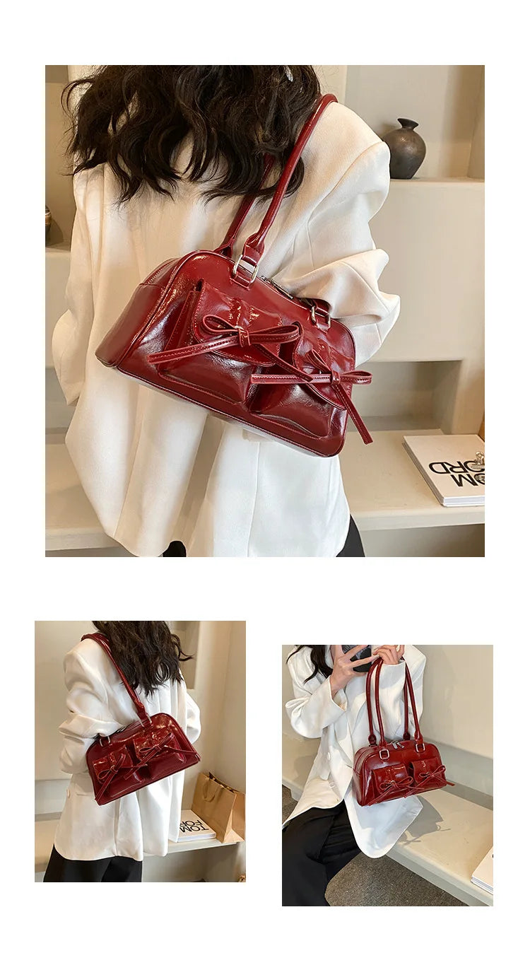 Xiuya Silver Pleated Womens Shoulder Bag Elegant Gentle Korean Fashion Leather Handbag Bow Sweet New Simple Ladies Boston Bag