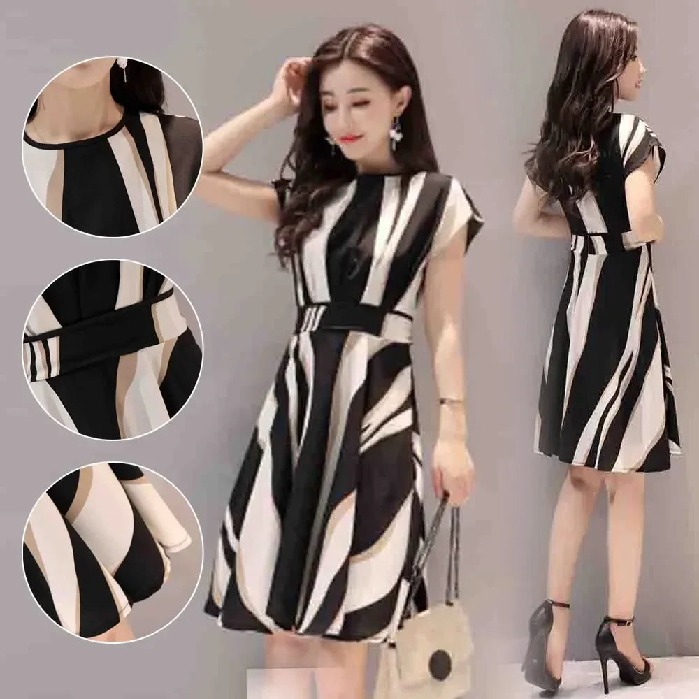Women's Summer A Line Striped Fashion Knee Length Dress Short Sleeve O-Neck Regular Fit Ladies Casual Dresses