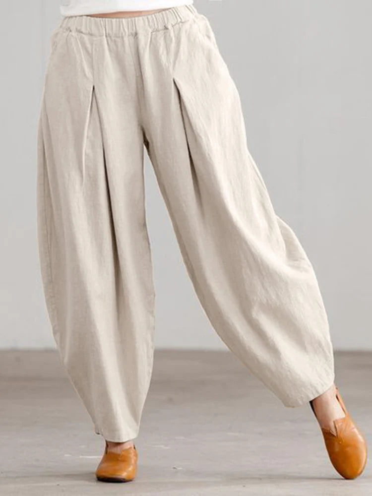 ZANZEA Summer Elastic Waist Solid Trousers Women Casual Baggy Pants Elegant Loose Wide Leg Pantalon Vintage Cotton Turnip 2024