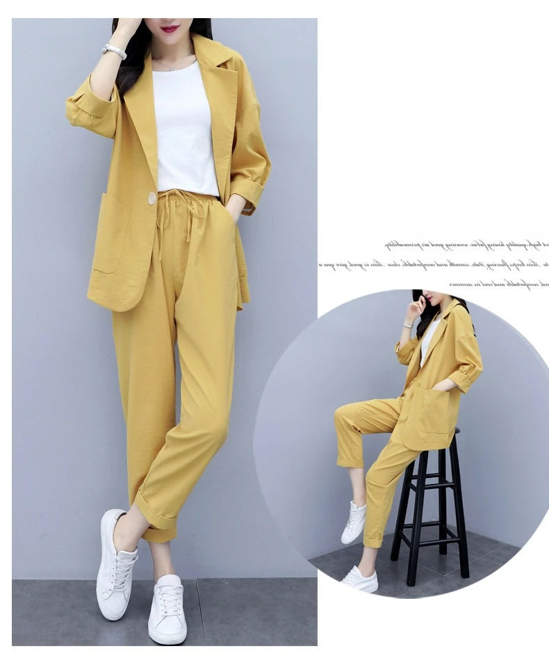 Spring and Autumn New Fashion Plus Size Women's Three Piece Suit Cotton Blended Single Button Coat Nine Point Pants Office