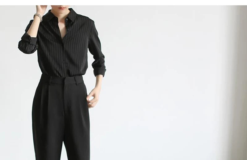 MEXZT Vintage Black Striped Shirts Women Office Long Sleeve Loose Casual Blouses Lady Korean Fashion Elegant Chic All Match Tops