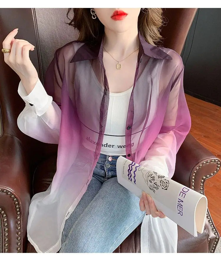 Shirts Women Gradient Loose Leisure Summer Sunscreen Lapel Thin Soft Designed Breathable Korean Fashion Clothing Office Lady New