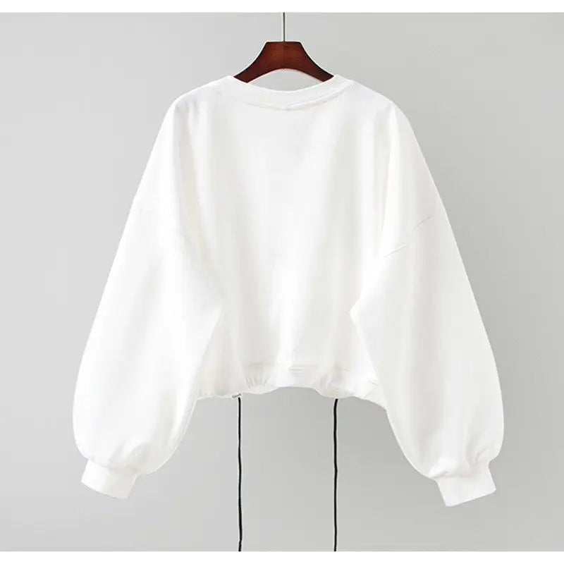 Y2k Sweatshirt For Women Short Embroidery Spring Autumn New Loose Korean Fashion Long Sleeve Drawstring Pullover Top Woman