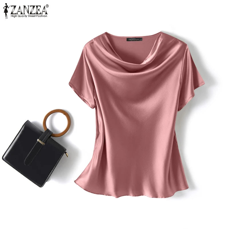 ZANZEA Women Short Sleeve Solid Shirt Summer Fashion Satin Blouse Female Casual OL Work Tunic Tops Elegant Loose Blsuas Oversize