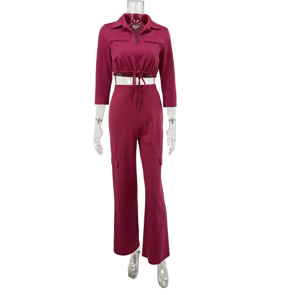 Elegant Women's Set Casual Drawstring Half Sleeve Short Blouse High Waist Straight Wide Leg Pant Suit Tracksuit Two Piece Outfit