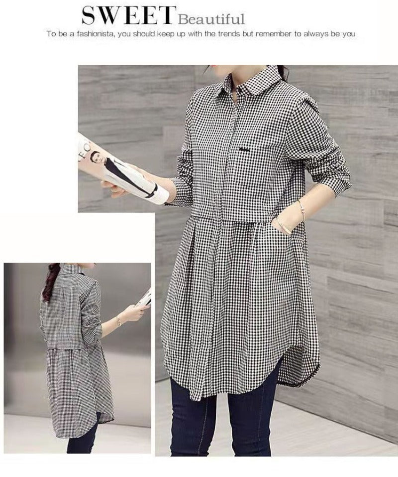 All-match Button Solid Midi Autumn Blouse for Female 2023 Korean Fashion Spliced Shirt Loose Long Sleeve Winter Polo-Neck Shirt