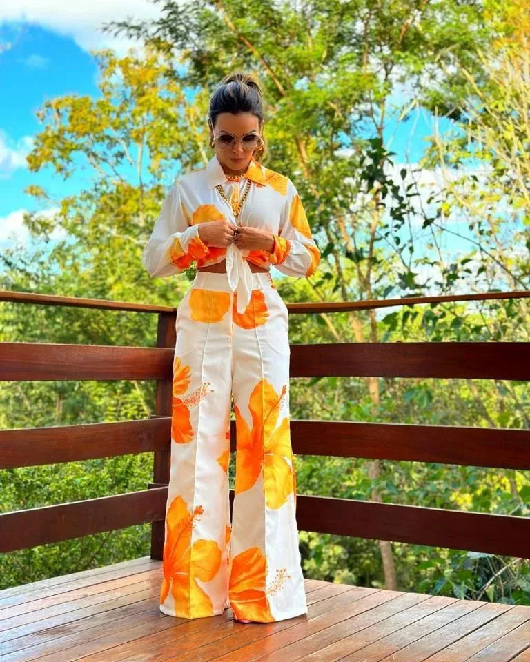 2023 Women's Casual Daily Shirt Set Floral Fashion Printed Shirt Spring Autumn Wide Leg Pants Women's Office Two-piece Set