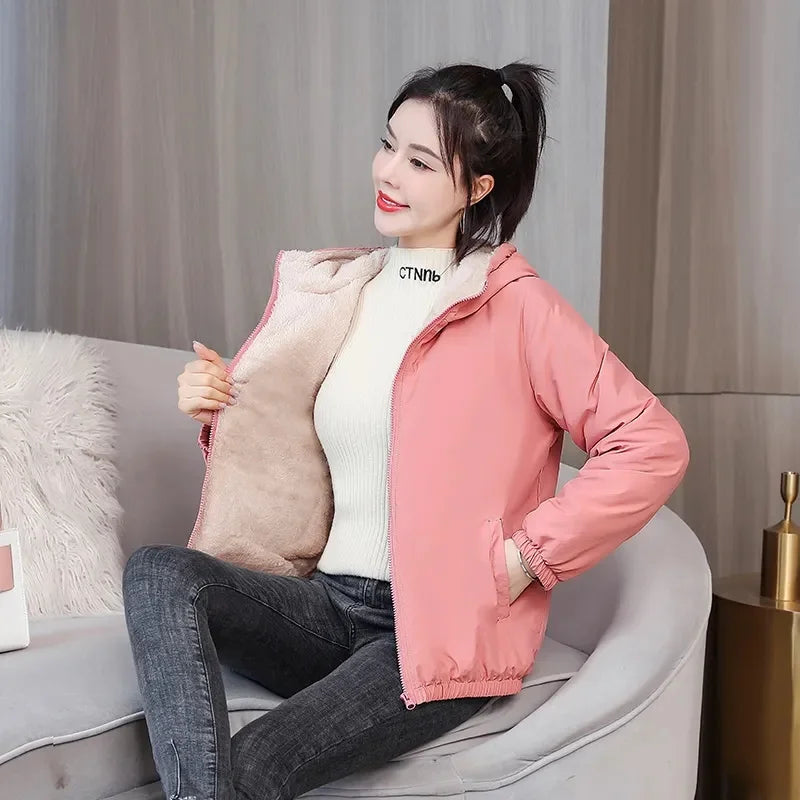 Add Velvet Padded Coat Women 2024 Winter Hooded Outerwear Ladies Warm Cotton-Padded Jacket New Fashion Overcoat Short Female Top