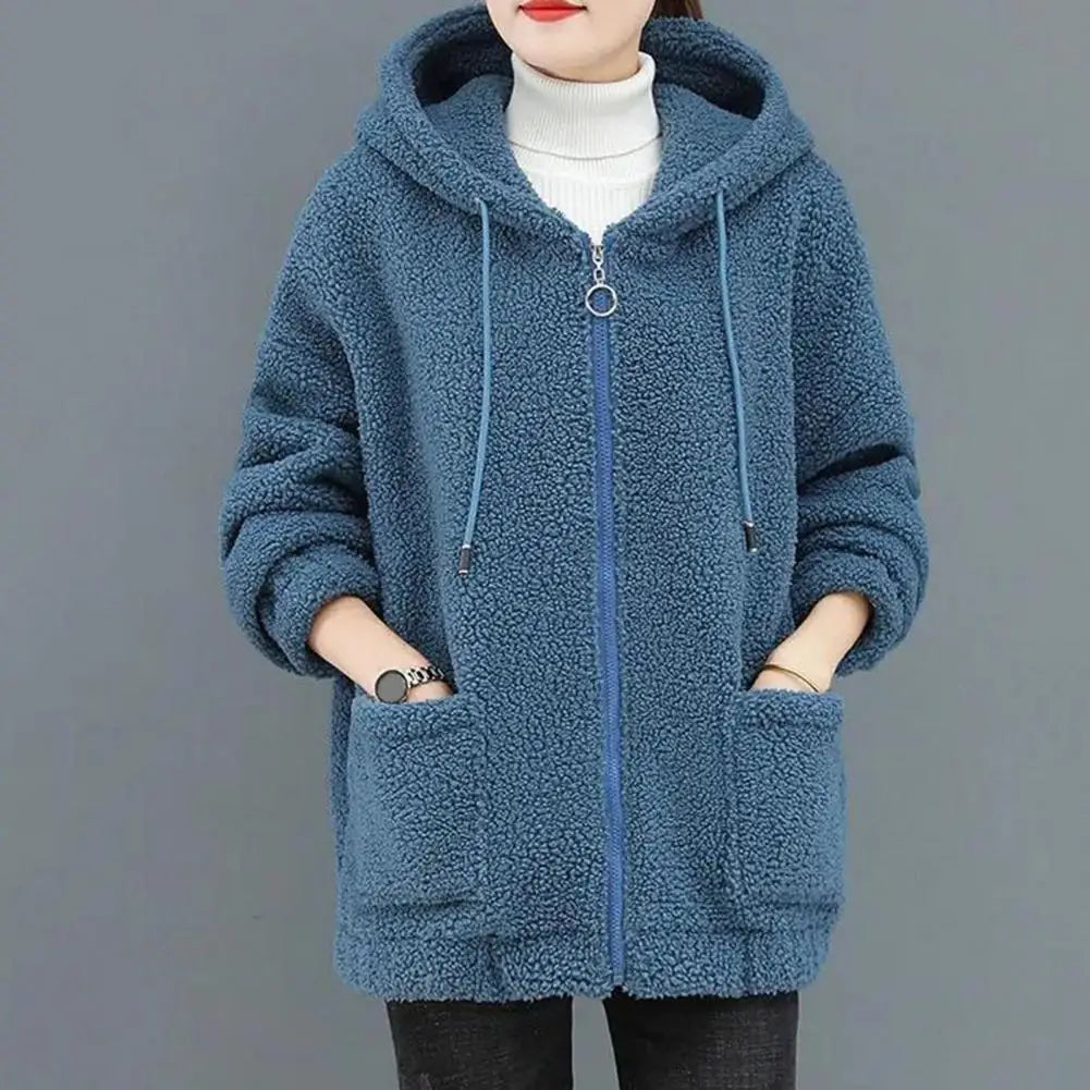 Trendy Lady Winter Coat Solid Color Drawstring Fleece Wear-resistant Women Jacket Women Jacket Winter Coat