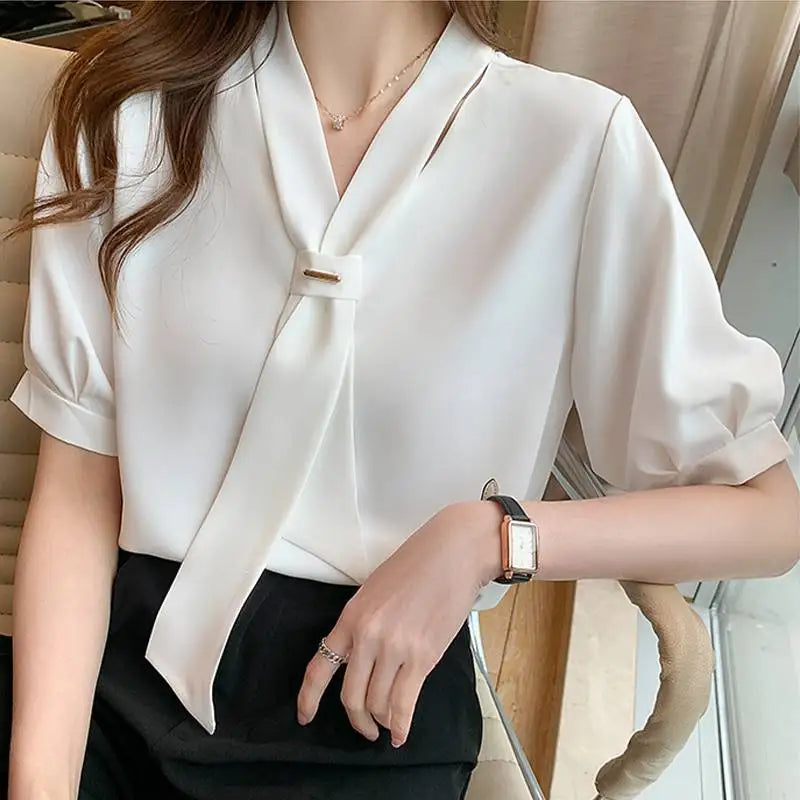 VONDA 2024 Summer Women Tops Fashion Casual Short Sleeve Chiffon Blouse Tie Shirts Loose Solid Color Tunic Blusas Femininas