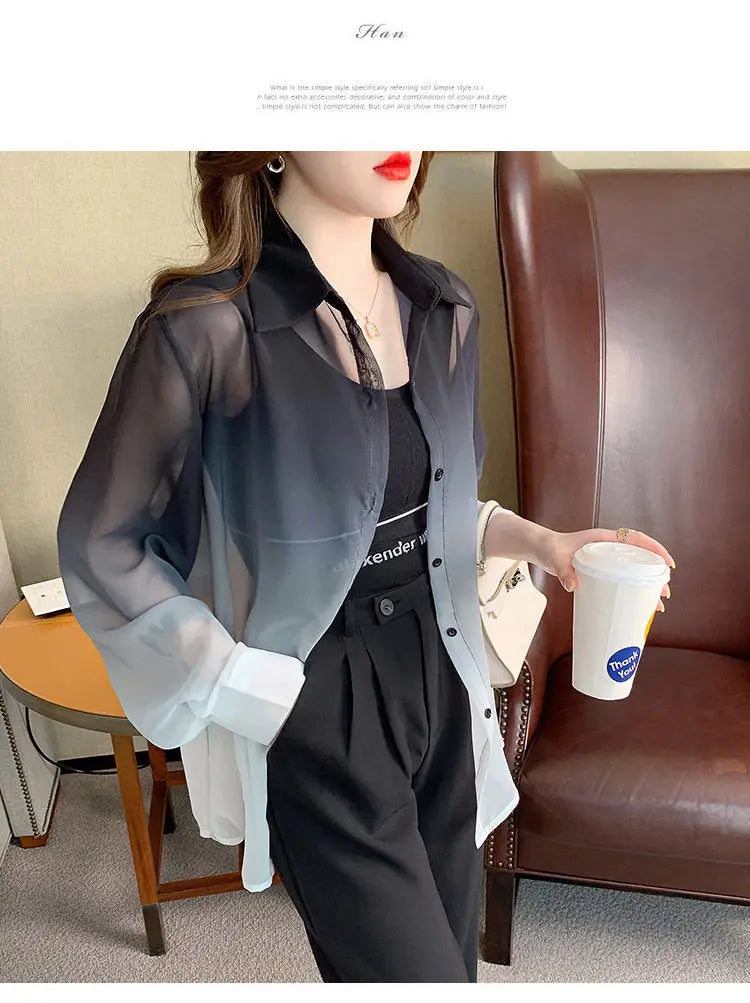 Shirts Women Gradient Loose Leisure Summer Sunscreen Lapel Thin Soft Designed Breathable Korean Fashion Clothing Office Lady New