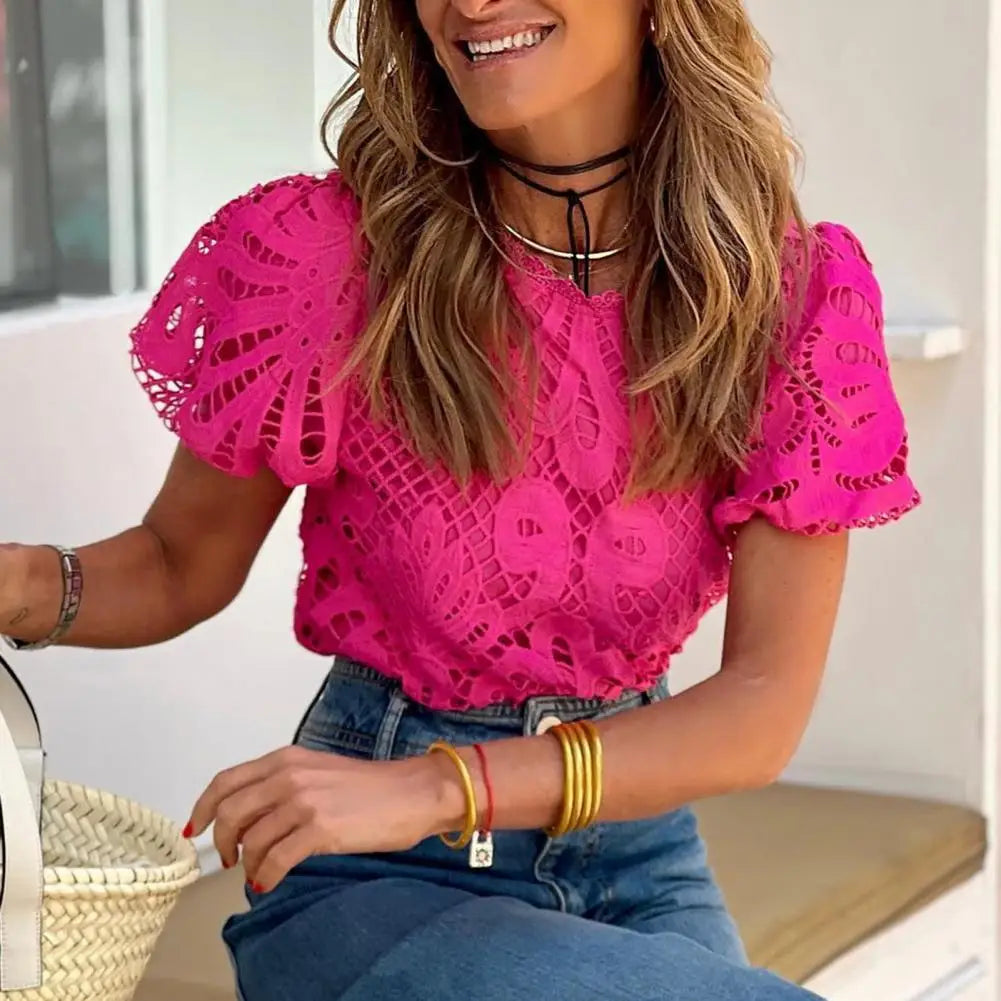 Women Top Solid Colot Hollow Out Puff Sleeve Top Embroidered Lace Blouse Shirt Vintage O-Neck Summer Pullover Top