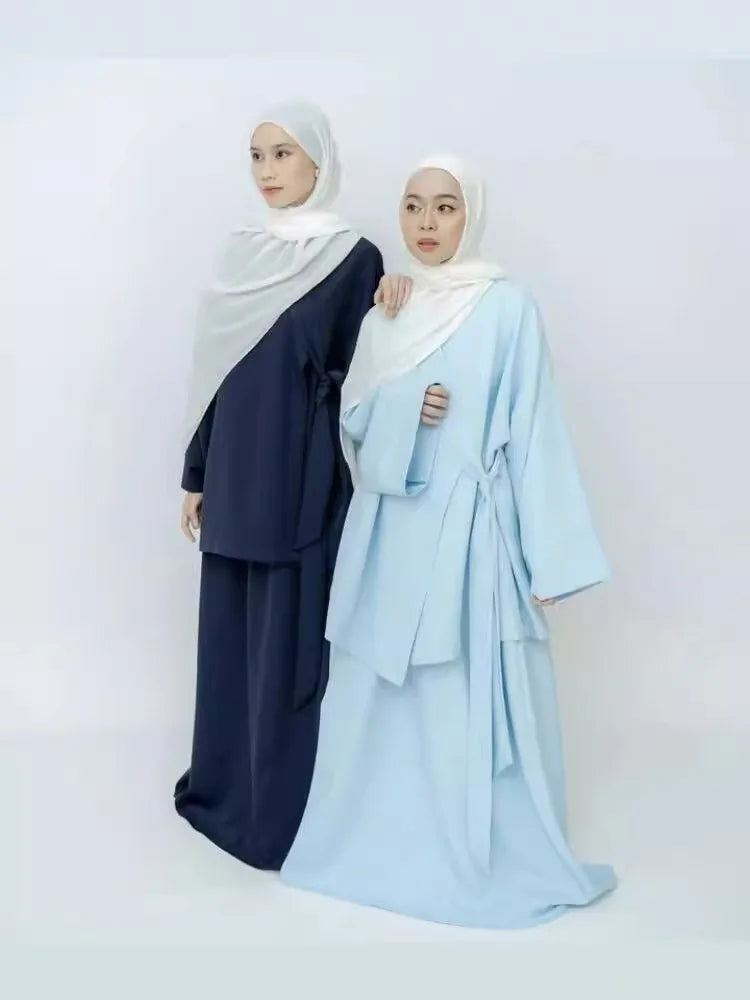 Eid Muslim Suit Modest Two Piece Women Lace Up Top Skirt Outfits Ramadan Morocco Dubai Abayas Ensemble Islam Arab Jalabiya