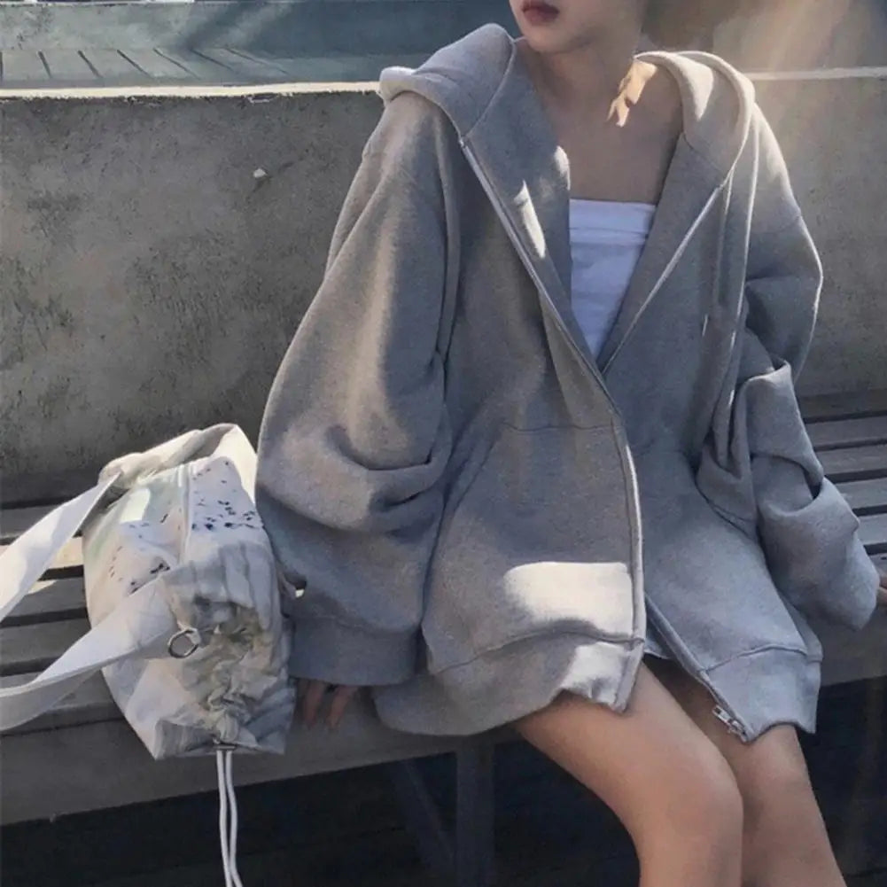 Women's Sweatshirt Zipper Hoodie High Street Double Pockets Oversize Loose Sweatshirts Outerwear Top Korean Fashion Sweatshirts