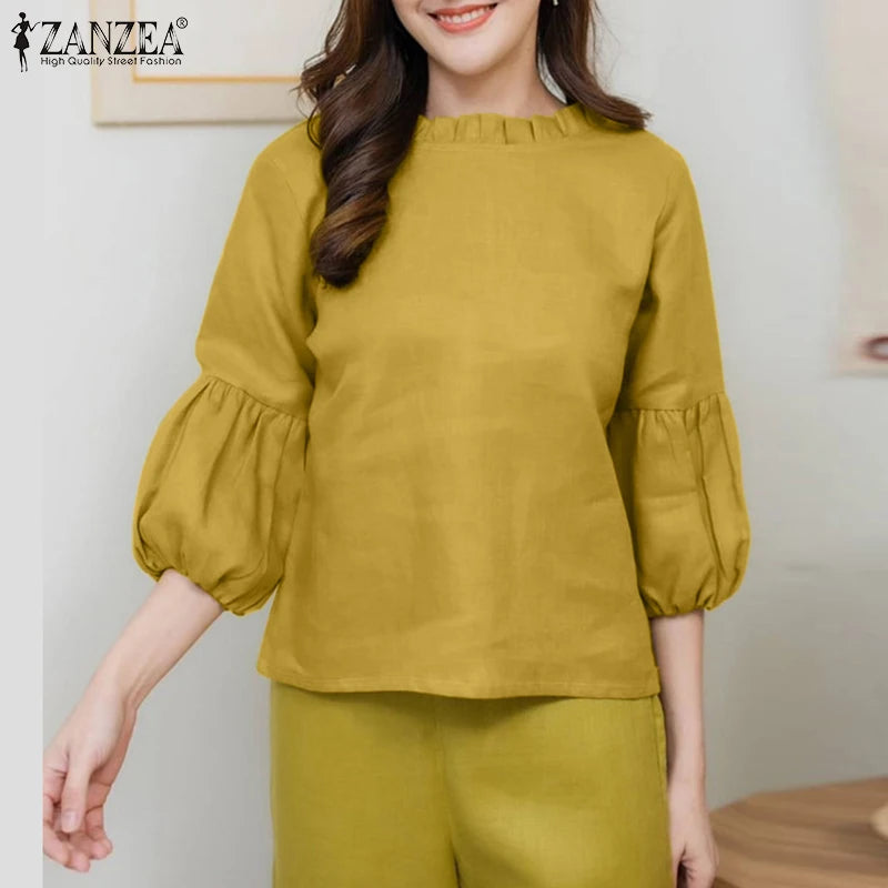 ZANZEA Summer Elegant 3/4 Puff Sleeve Blouse Fashion Women Shirt Female Tunic Tops Casual Solid OL Work Blusas Oversize Chemise
