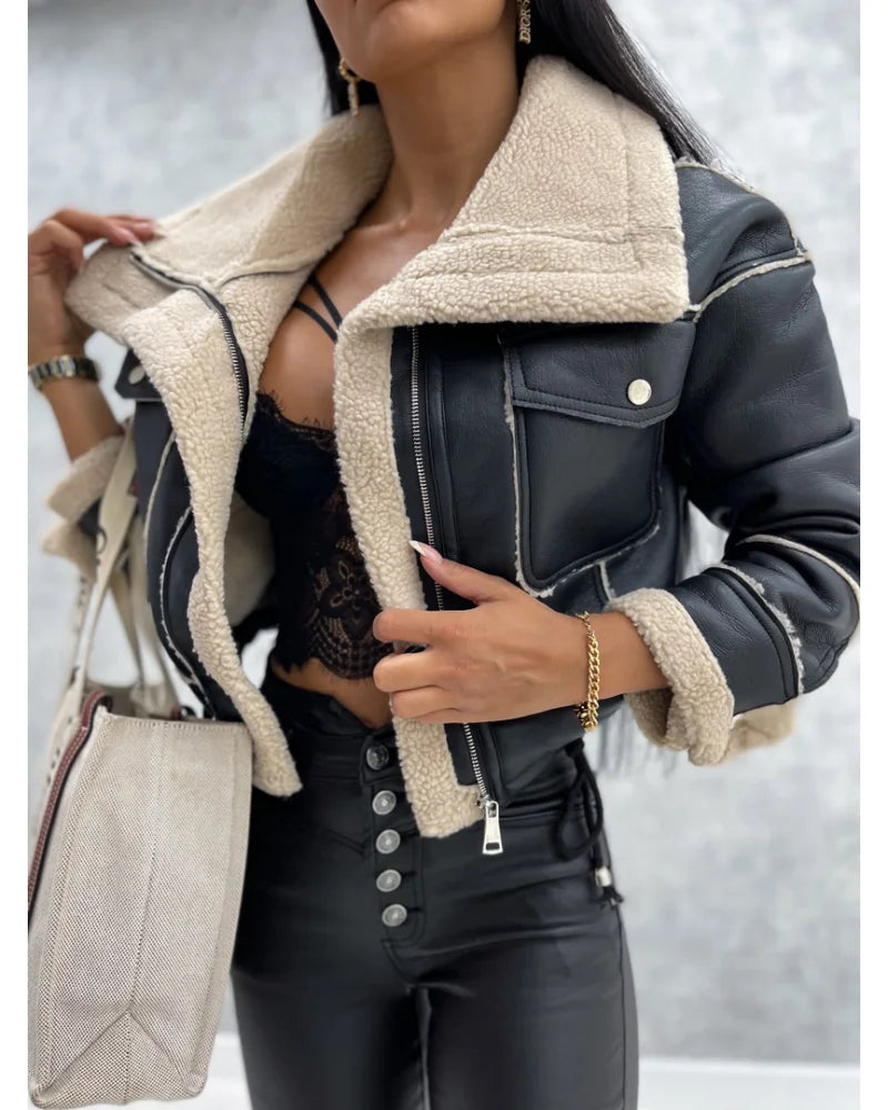 Faux Leather Jackets Women Short Thick Warm Outwear Winter Tops