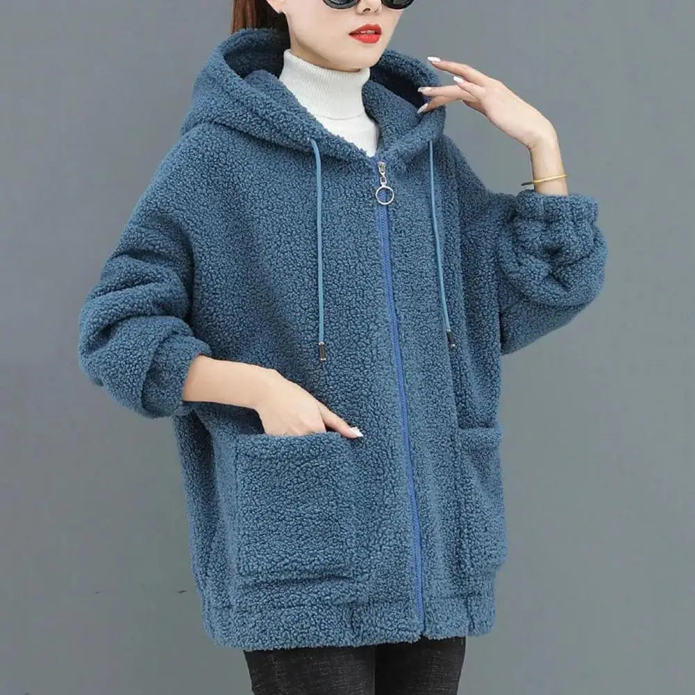 Trendy Lady Winter Coat Solid Color Drawstring Fleece Wear-resistant Women Jacket Women Jacket Winter Coat