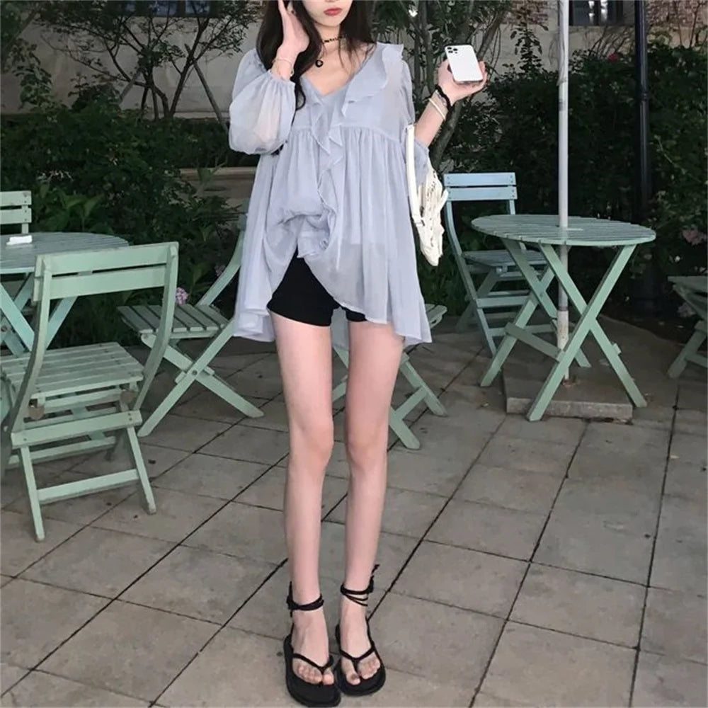 Blouse Women Elegant Ruffles Casual Solid New Chiffon Fashion Two-piece Daily Design Popular Basic Soft Tops Sweet Lady Shirts